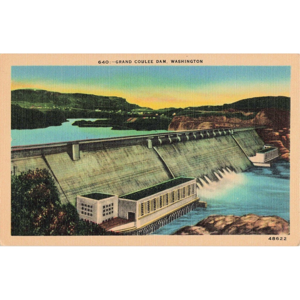 Vtg Grand Coulee Dam Washington Linen Postcard 640 CP Johnston Seattle - Picture 1 of 2